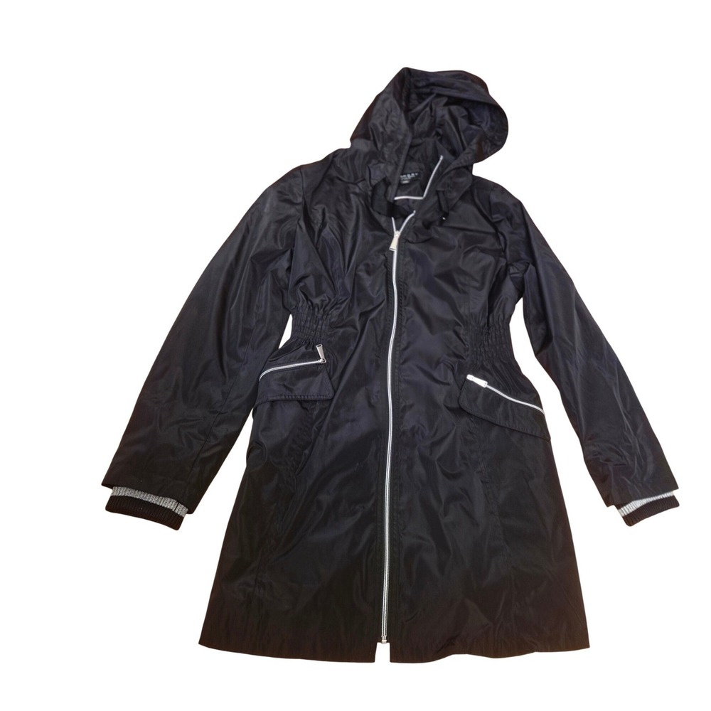 Laundry by Shelli Segal Womens Black Hooded Windbreaker Jacket Cinched Waist L